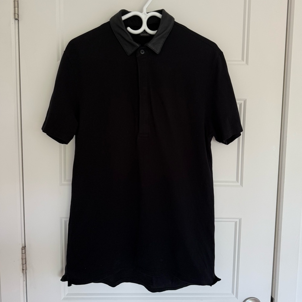 CLASSIC BLACK POLO SHIRT WITH LEATHER COLLAR MEDIUM ZARA